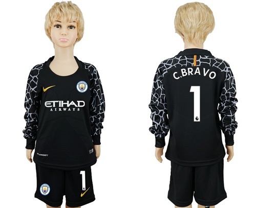 Manchester City #1 C.Bravo Black Goalkeeper Long Sleeves Kid Soccer Club Jersey - Click Image to Close